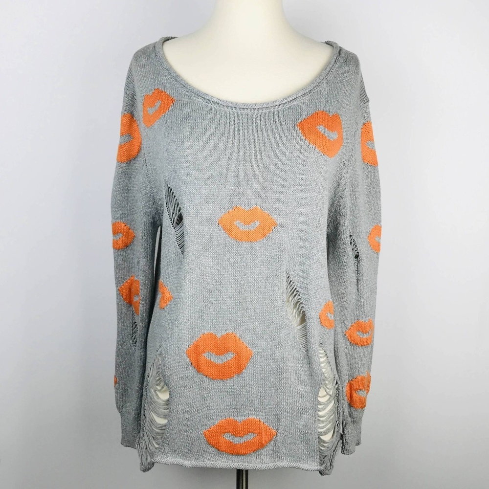 Love Tree Distressed Torn Sweater with Lip Prints